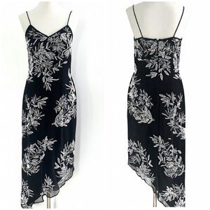 Y2K Sean Collection 100% Silk Black Beaded Asymmetrical Hem Midi Dress Womens M